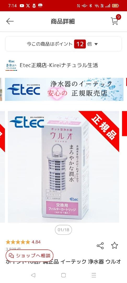 お値下げ Etec ウルオ ポット型浄水器 1L 5分浄水 正規品