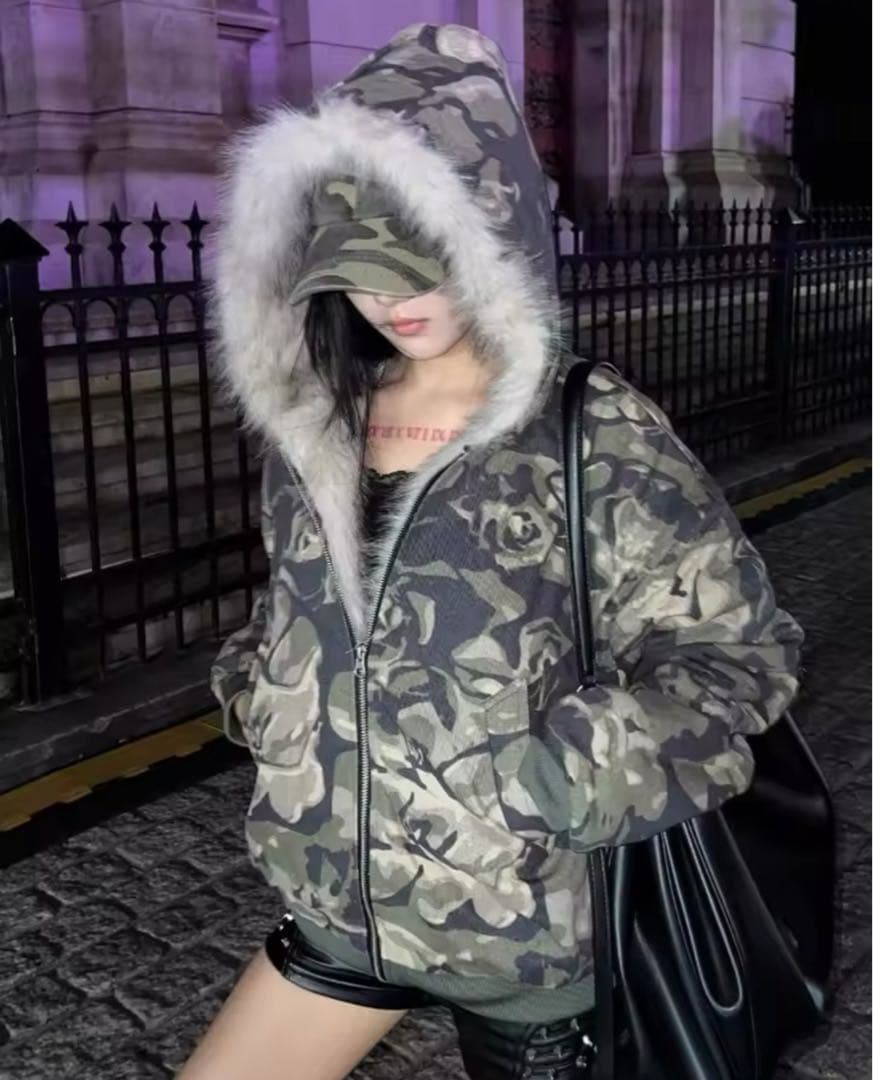 迷彩柄ファージャケット　パーカー　カモフラ　韓国　L