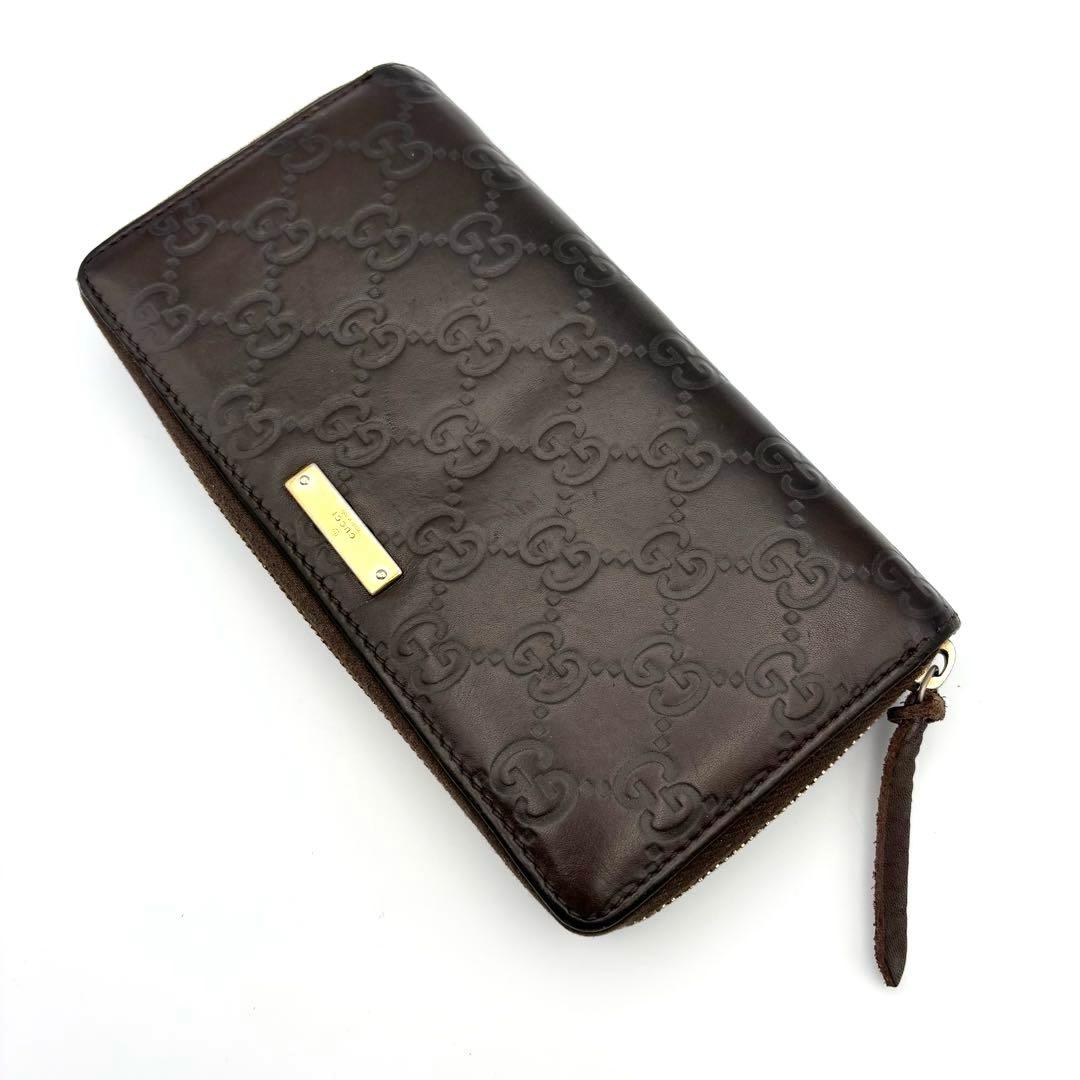 GUCCI グッチシマレザー GG ラウンドファスナー 長財布 ダークブラウン