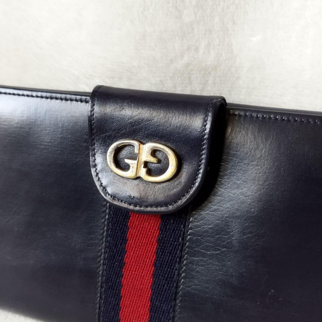【希少/美品】オールドグッチ 長財布 シェリーライン ネイビー レザー GG