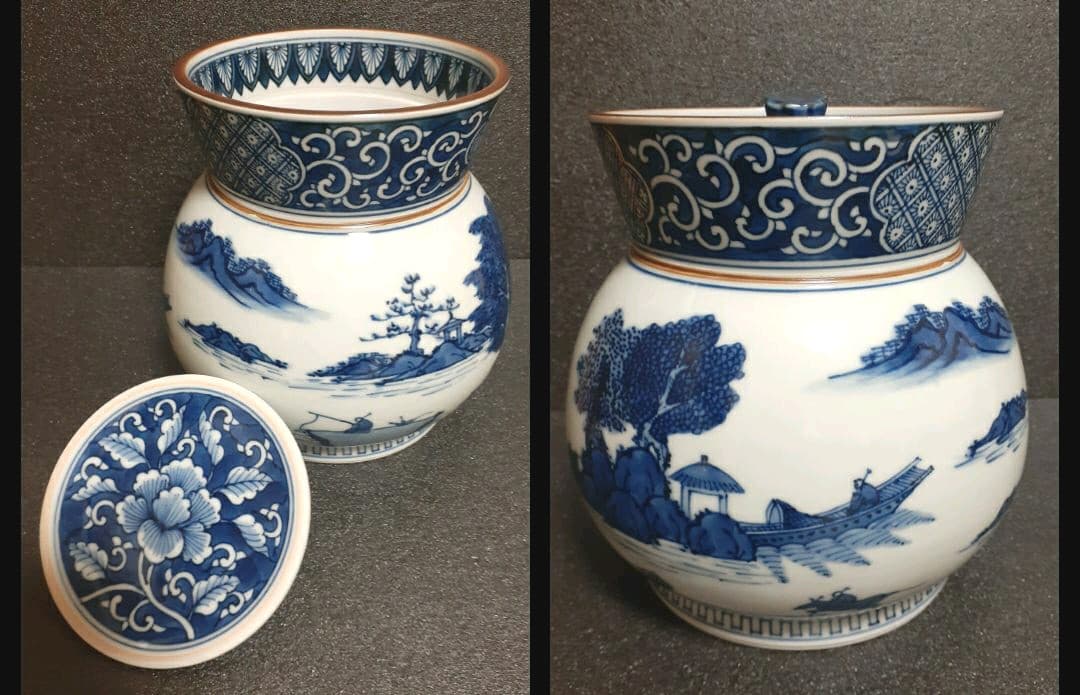 【秀作】清水焼　京焼　名工　山本壹楽造　染付　山水絵　水指　共箱　茶道具　茶器