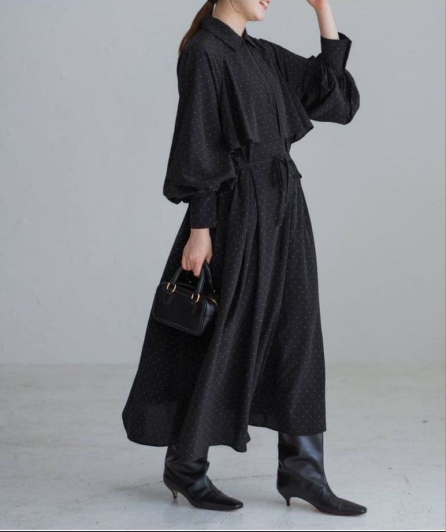 IENA イエナ ドットサッシュワンピース ブラック