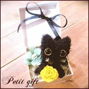 プリザーブドフラワーオレンジ＆黒ネコ　フラワーギフト　 ローズの香り