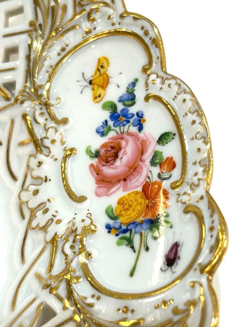 meissen マイセン アンティーク 約23㎝　金彩透かし皿　双剣　花柄　昆虫