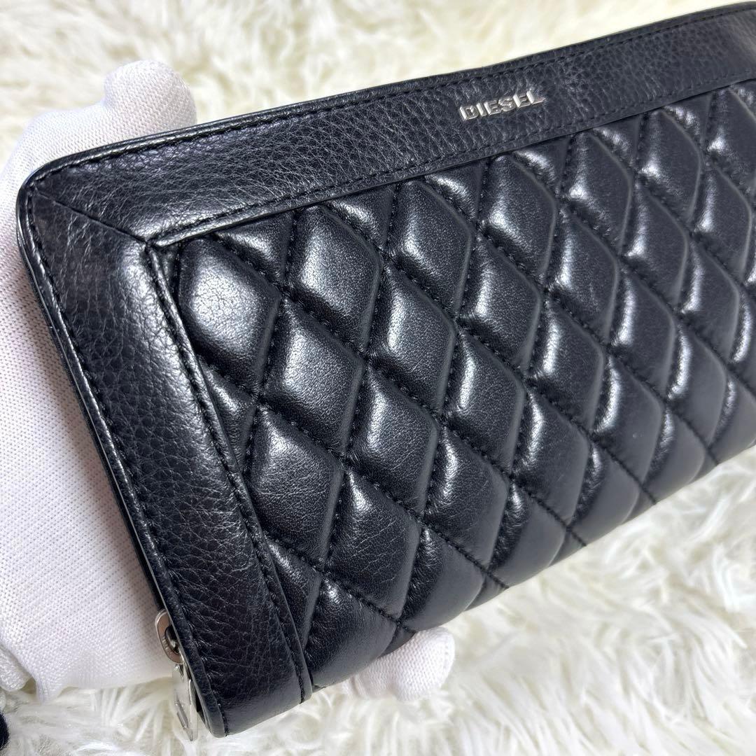 美品✨DIESEL オールレザー キルティング 長財布 ブラック メタルロゴ
