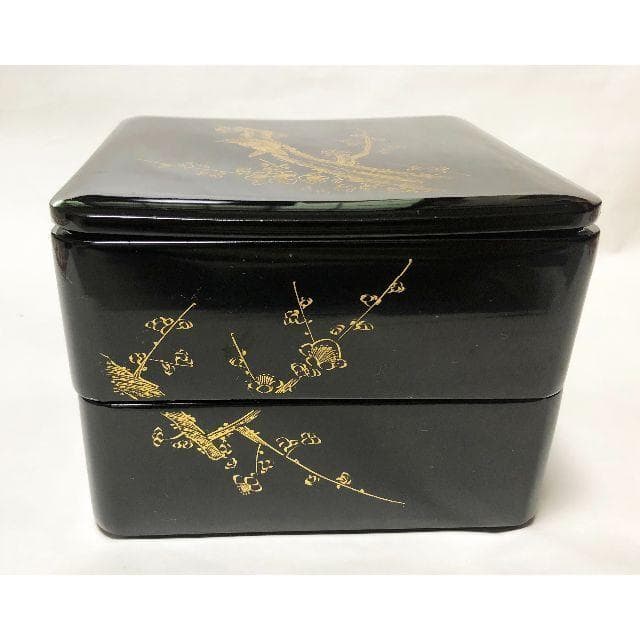 重箱 おせち 二段重 木製漆塗 梅に鶯沈金黒 6寸 18cm 漆器 アウトレット