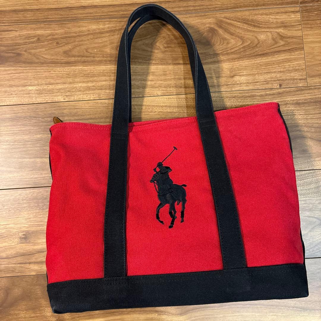 【美品】POLO ラルフローレン 帆布キャンパス×レザー トートバッグ 刺繍ロゴ