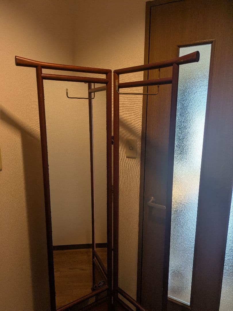 木製折りたたみハンガーラック 鏡付き