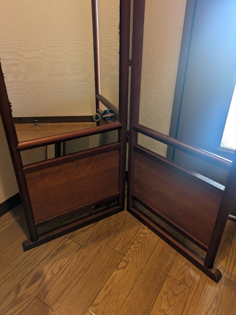 木製折りたたみハンガーラック 鏡付き