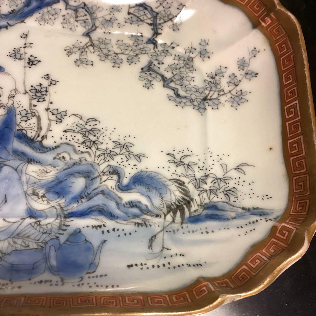 A913 古伊万里　染錦手　変形角皿　梅と文人紋様　　５枚