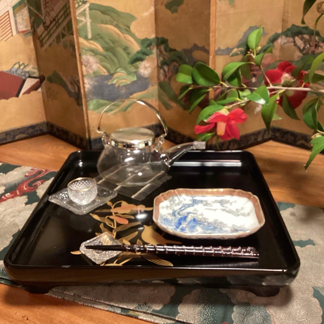 A913 古伊万里　染錦手　変形角皿　梅と文人紋様　　５枚