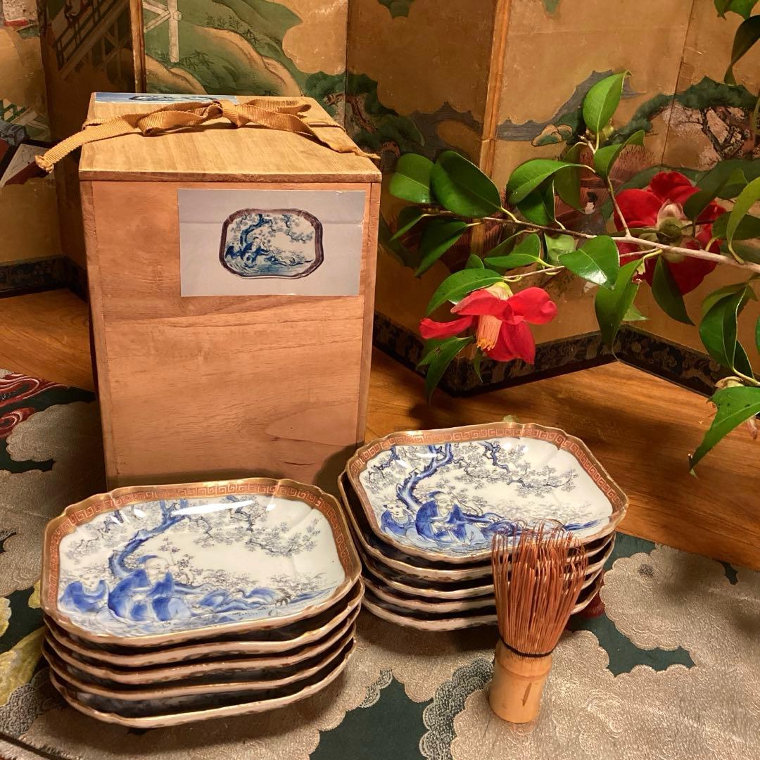 A913 古伊万里　染錦手　変形角皿　梅と文人紋様　　５枚