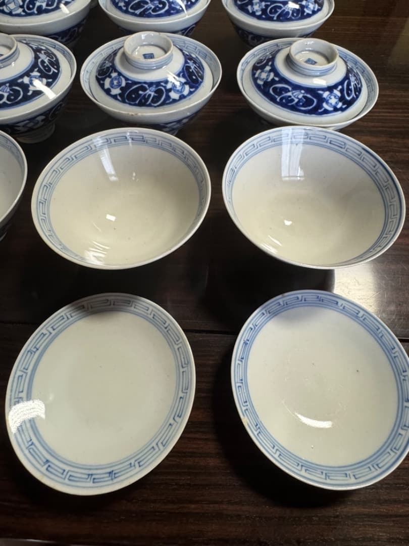 古伊万里 伊万里焼　染付総模様蓋付碗　10客　　江戸後期