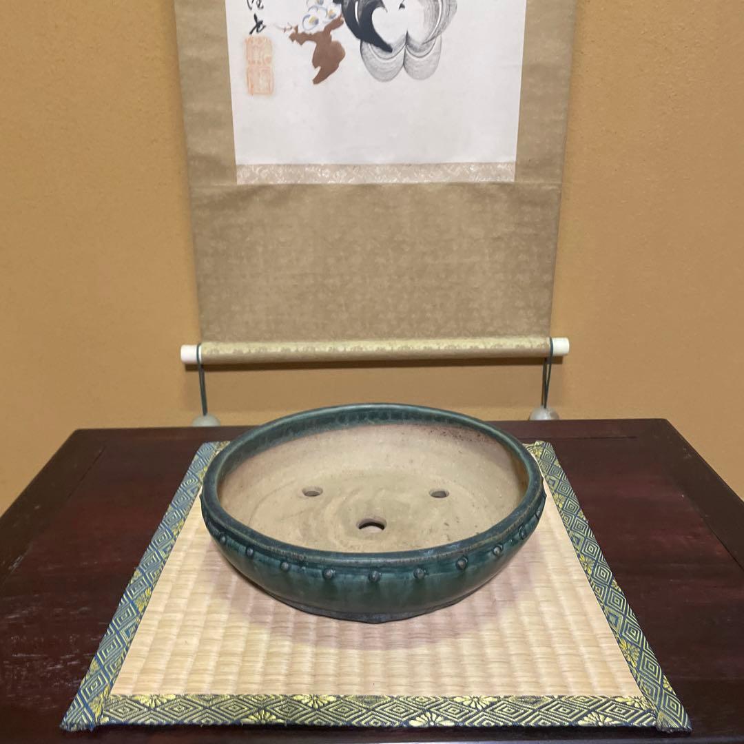 【落款あり】秀峰 鋲打外縁丸太鼓鉢 緑釉 盆栽鉢 丸型鉢 24cm