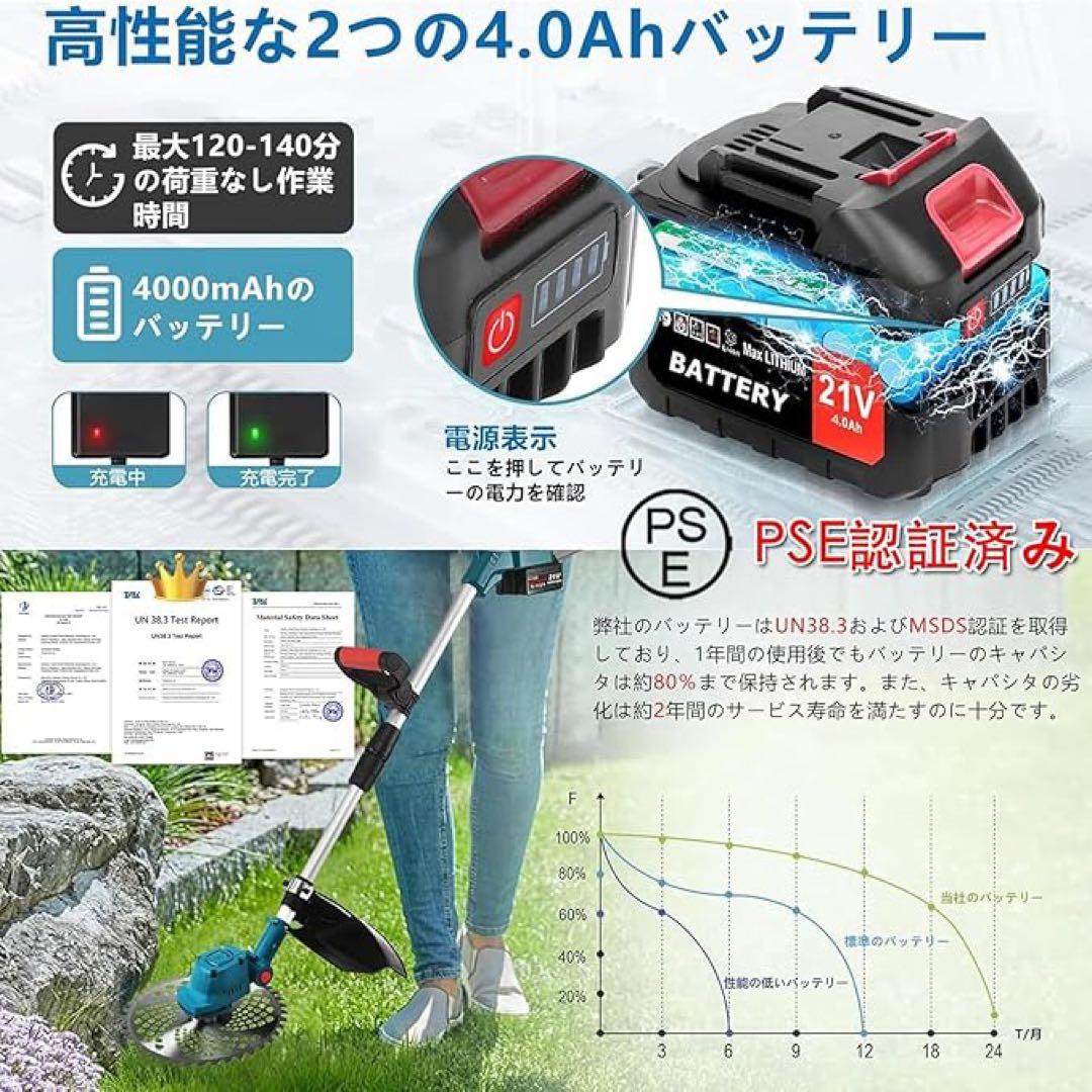 草刈機 充電式草刈り機 18v互換 刈込幅25cm 2個4AhバッテリLED表示
