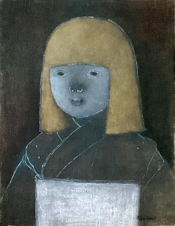 ❤️新作 油絵菅家令子絵画インテリア額(青緑＋金色枠)F6-010326市松人形