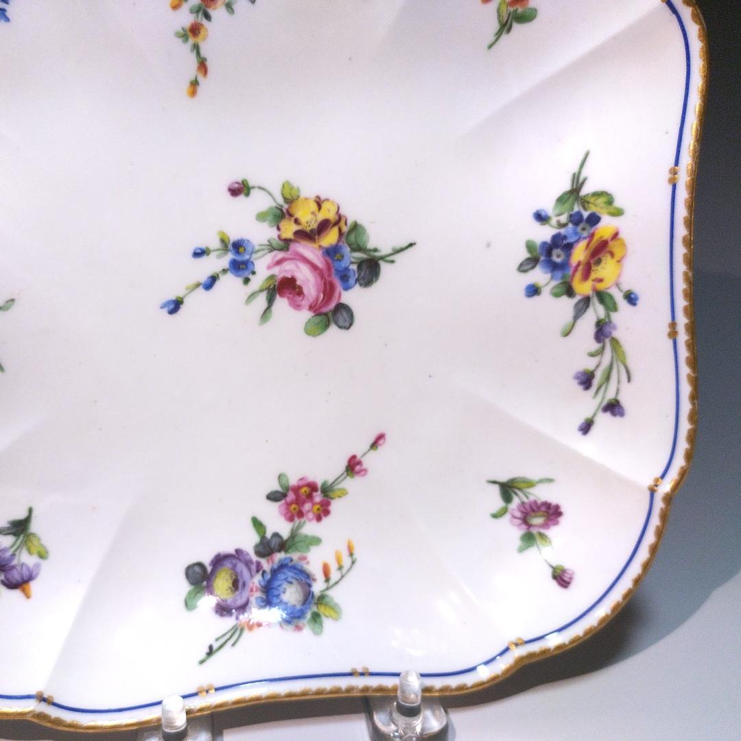セーブル Sevres 1789年 ブルーライン金彩花絵 スクエアディッシュ