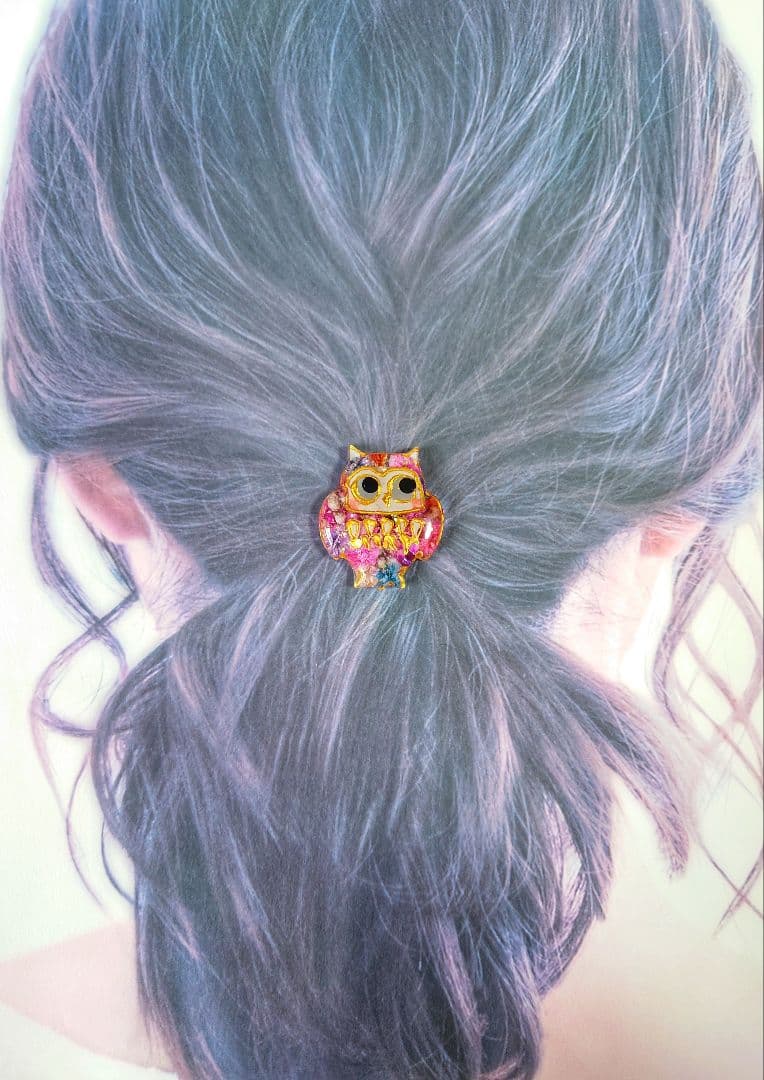 レジン　猫　フクロウ　ヘアゴム　ブローチ　ポニーフック　No.295
