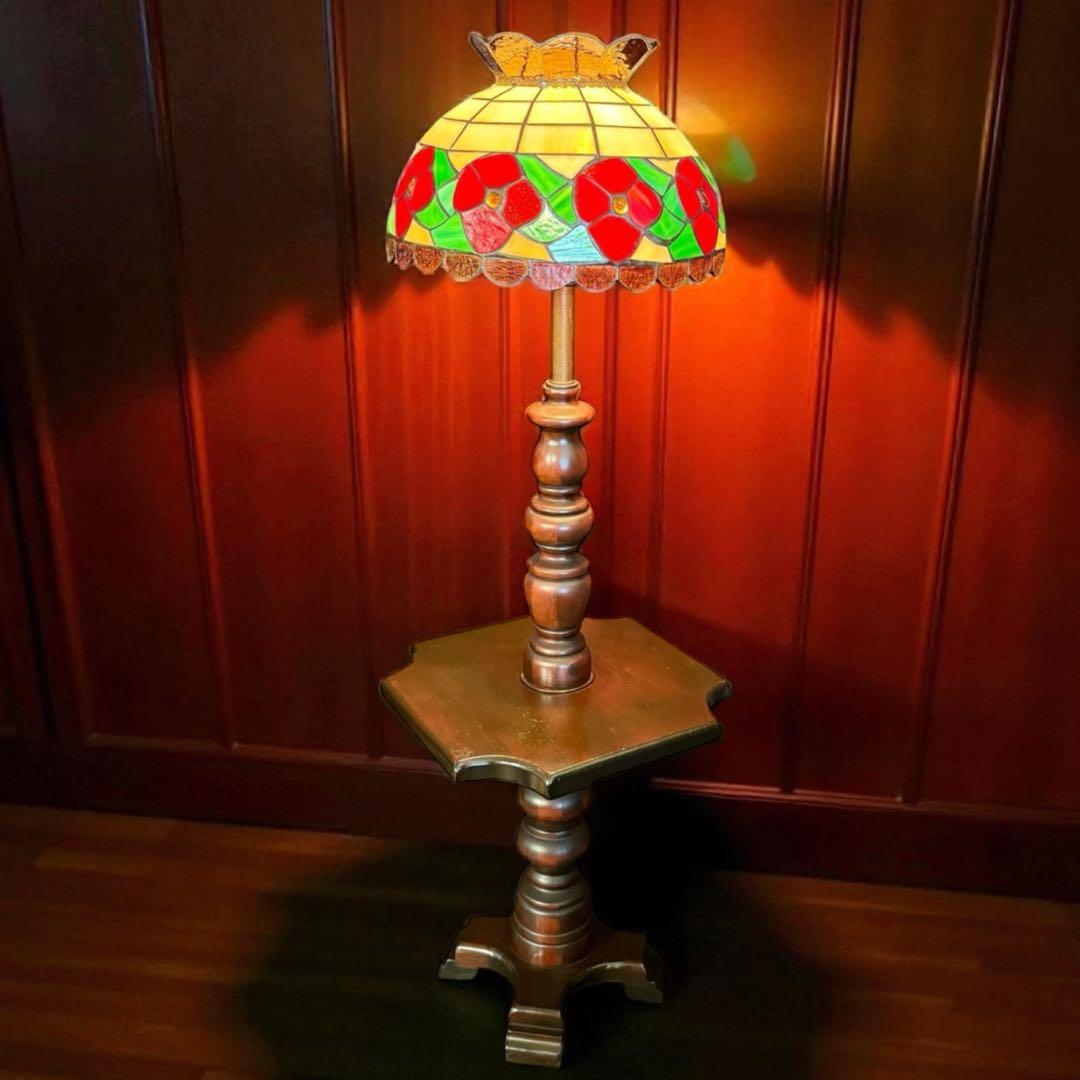 HR874 【希少】古いステンドグラスライト　照明　スタンドライト　テーブル付き
