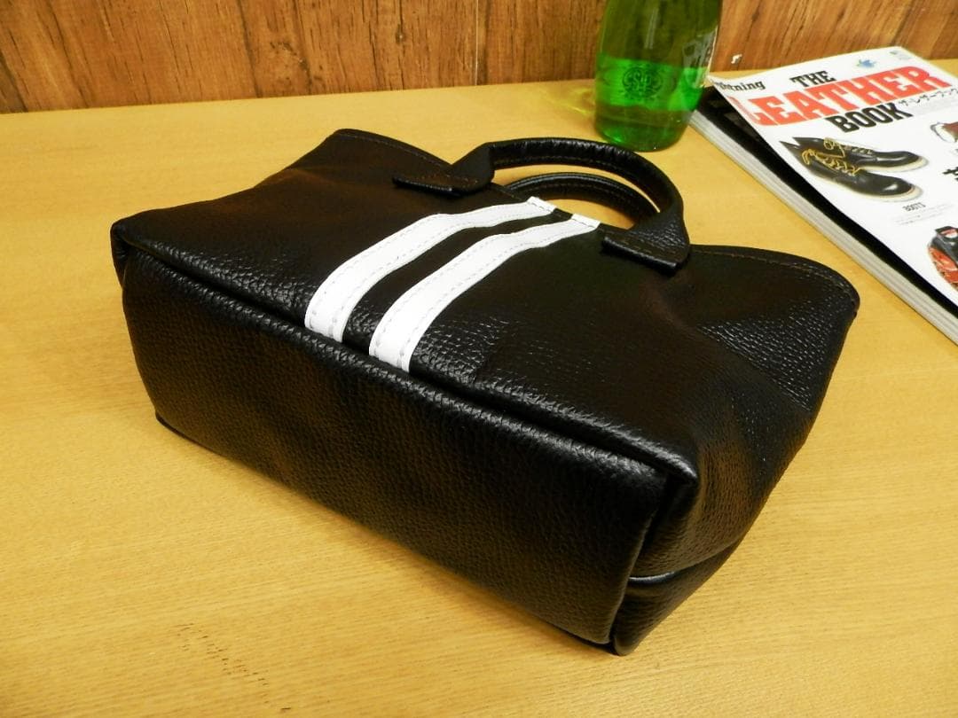 ☆XSサイズ☆ブラック×ホワイトライン本革ミニトートバッグ♪ストライプ黒