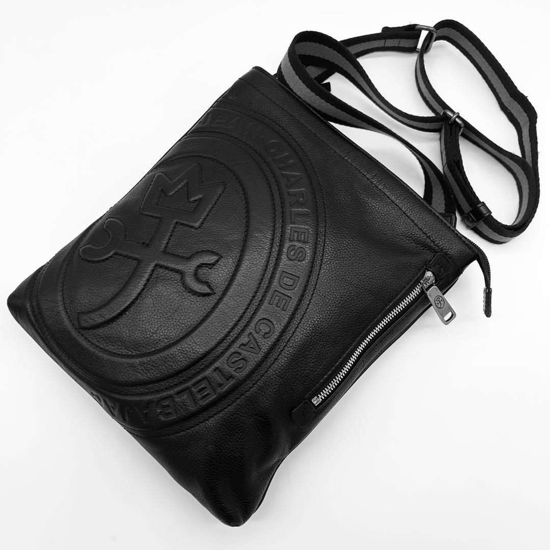 A786【良品】カステルバジャック レザー メッセンジャーバッグ 黒 大判ロゴ