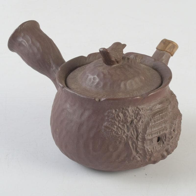 煎茶道具　萬古焼　英山造　紫砂　朱泥　鳥顔出　横手急須　V　9620