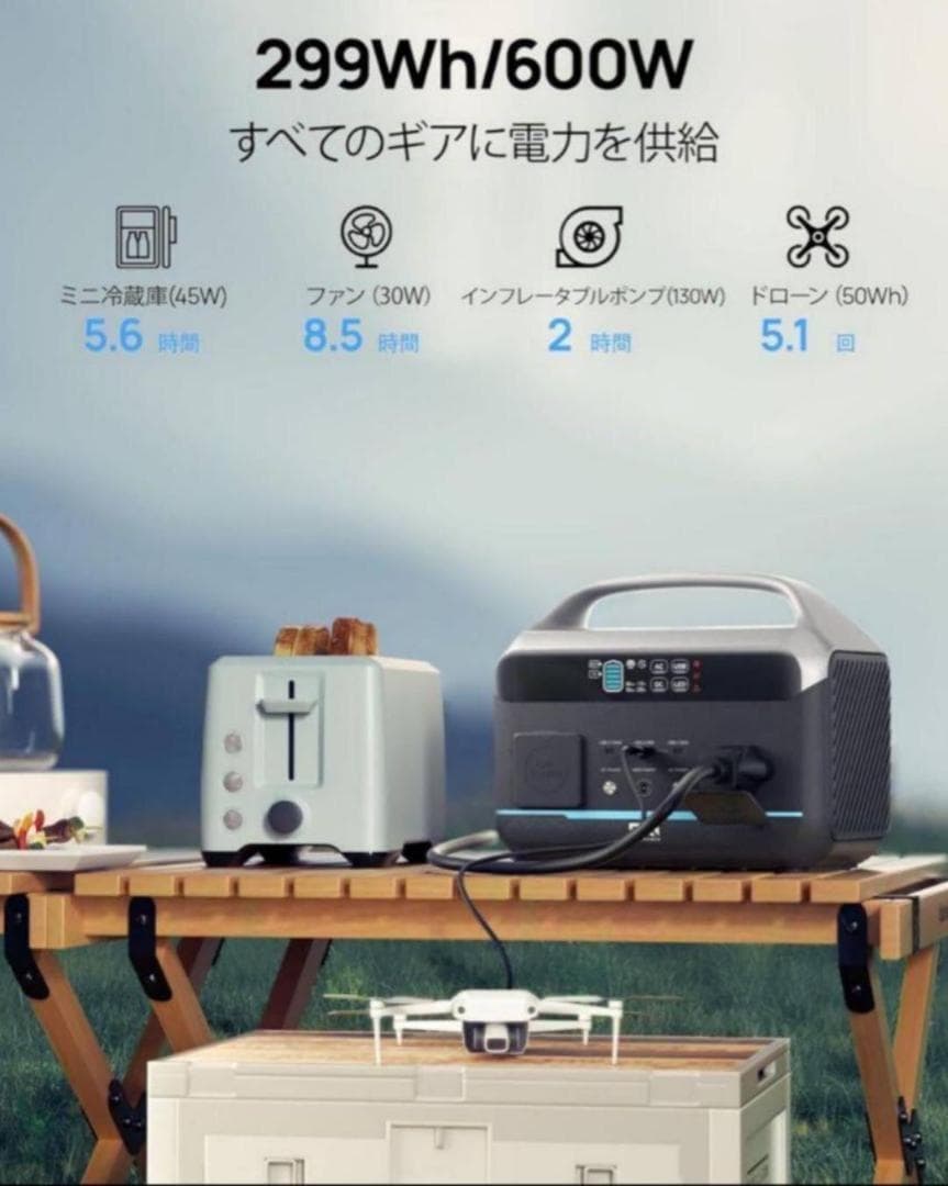 ポータブル電源 アウトドア キャンプ 非常時 299wh/600W 災害対策