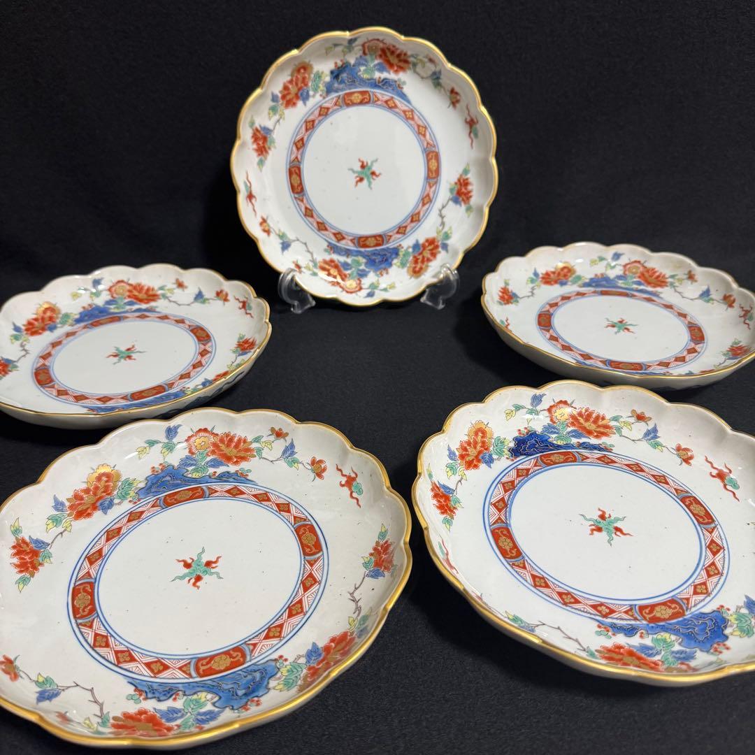 【未使用】有田焼　彌右衛門窯　染錦岩牡丹　古伊万里　和皿　5枚セット