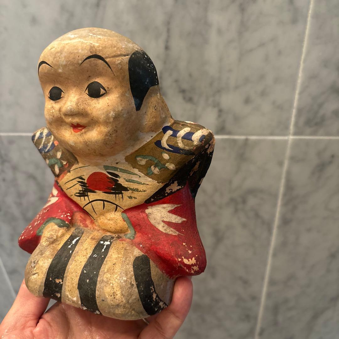 アンティーク約100年前瞳やおでこ、笑顔が美しく着物が素敵な金運、幸福を招く福助
