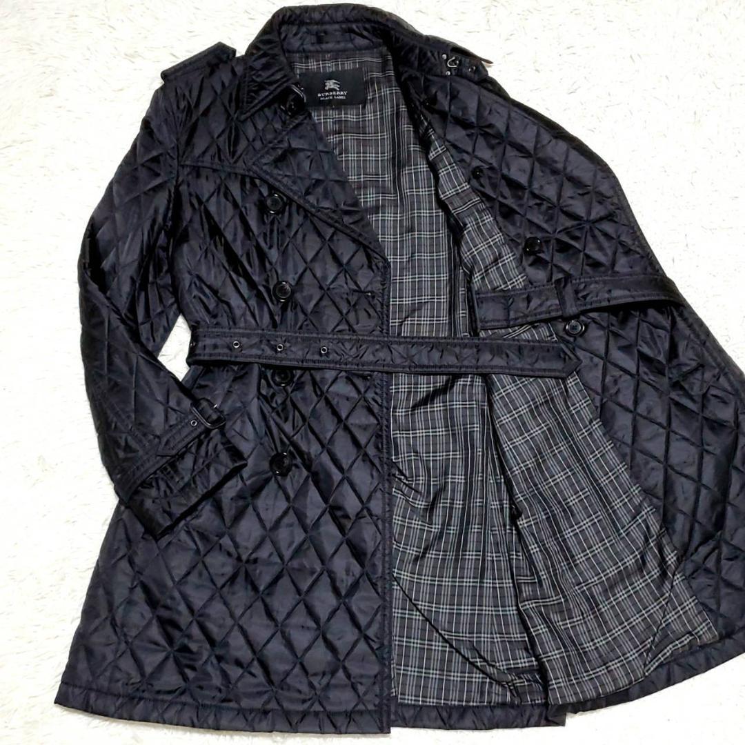 美品L バーバリーブラックレーベル 中綿キルティング トレンチ 黒 ノバチェック