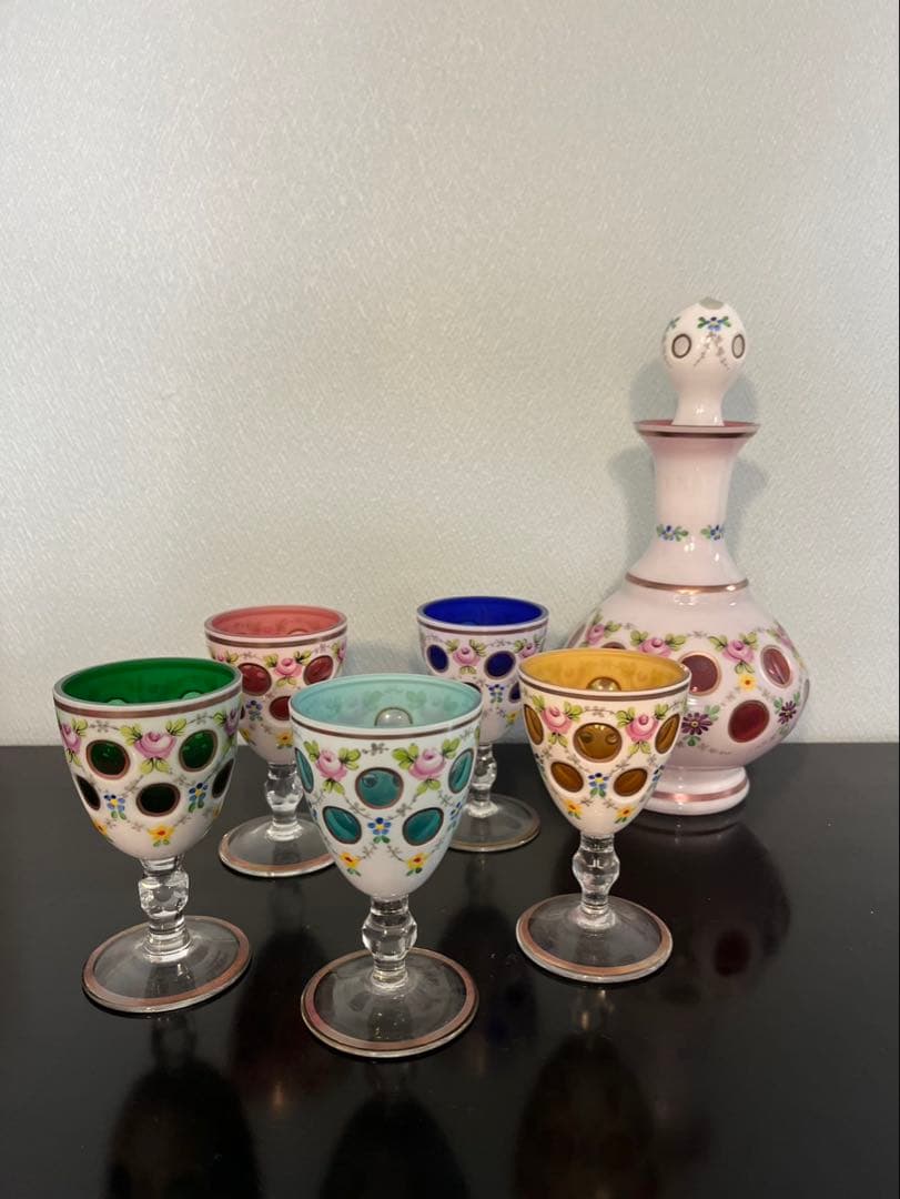 チェコ/未使用品/ボヘミアングラス/希少/カラフルガラスグラス/デキャンタセット