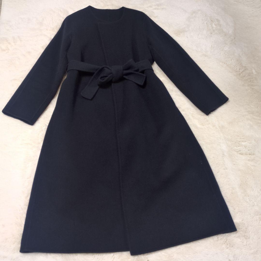 美品 ANAYI アナイ ウール ノーカラー ロングコート ベルト付き