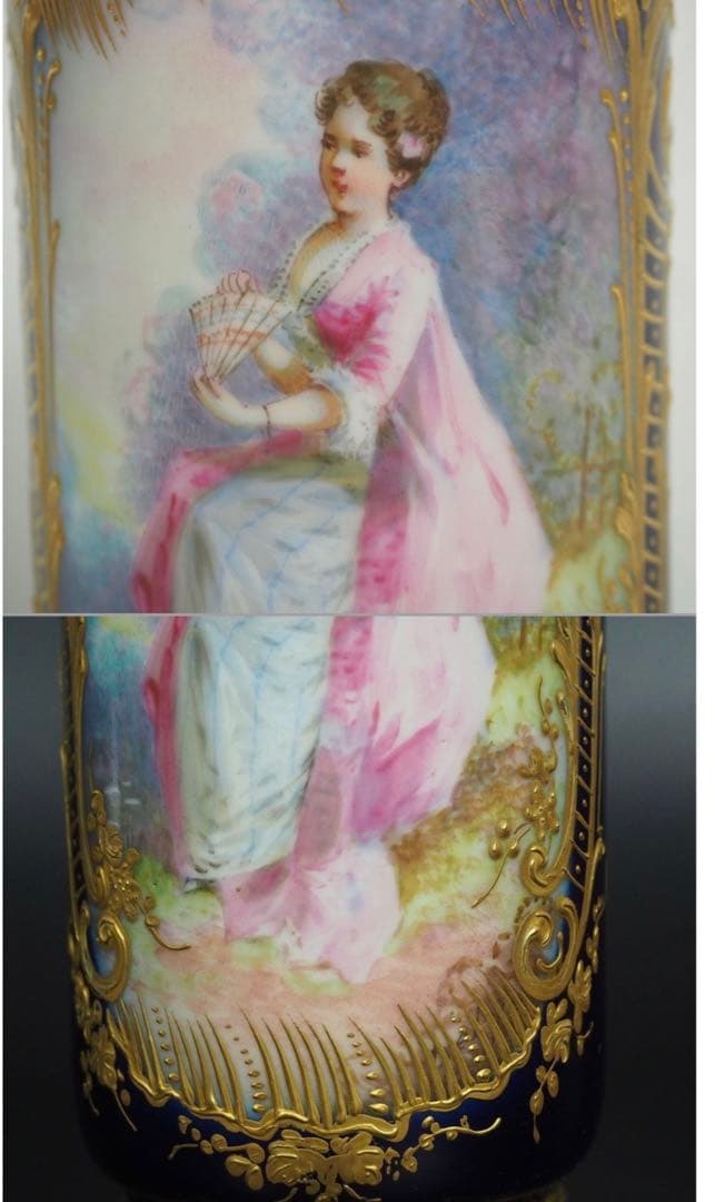 送料無料　18世紀1771年製　総手描き細密画 セーブル花瓶