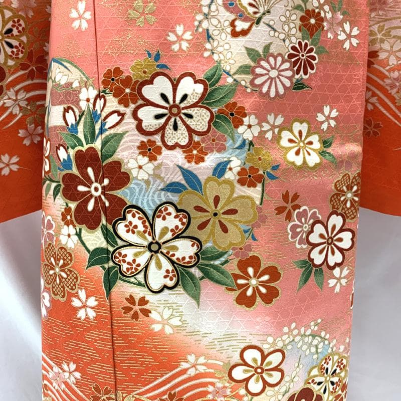 505ag62□七五三 七歳 女児 着物&袋帯 金彩 桜 ピンク□美品