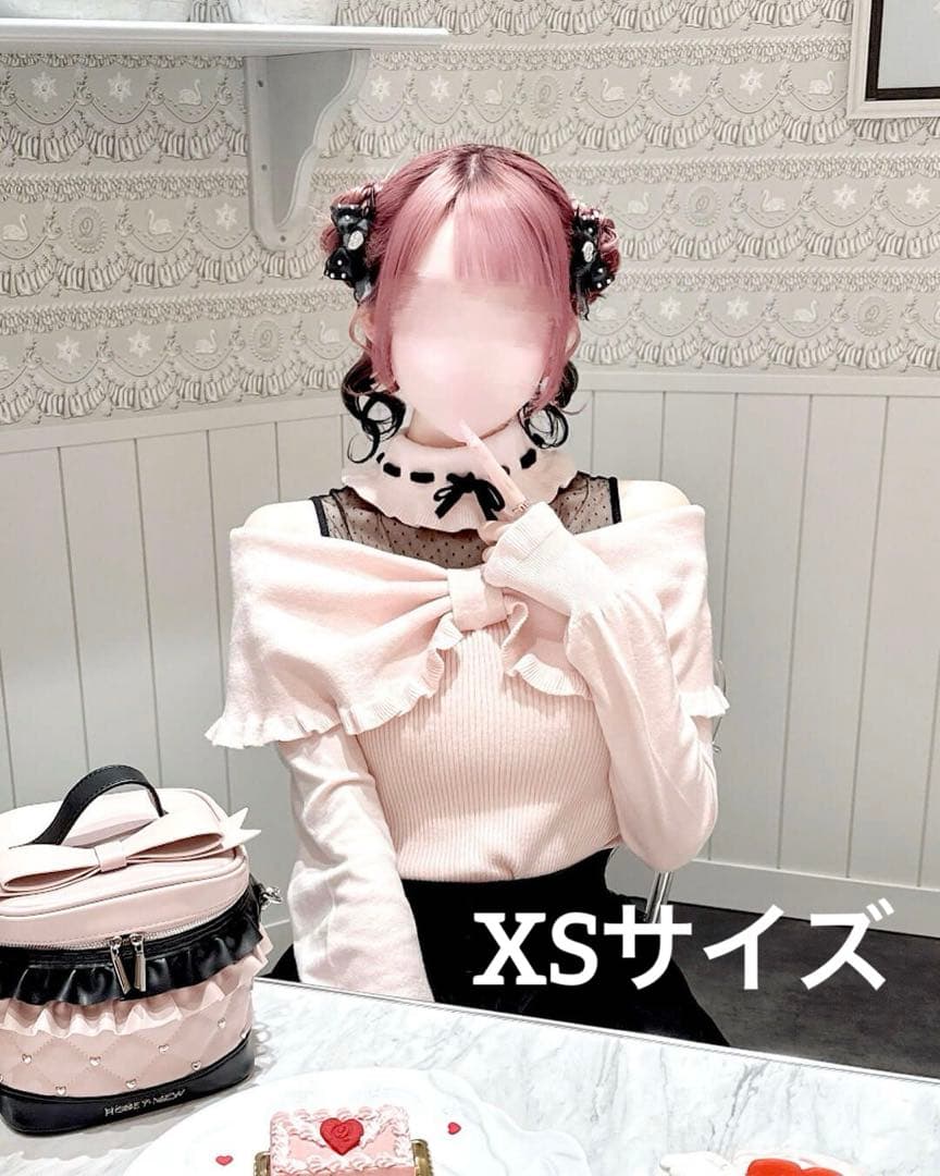 新品　HONEYMEW ドットチュール肩あきリボントップス ピンク　XSサイズ