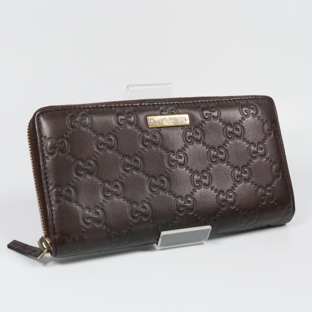 美品✨グッチ 長財布 ラウンドファスナー シマ GG型押し レザー ブラウン