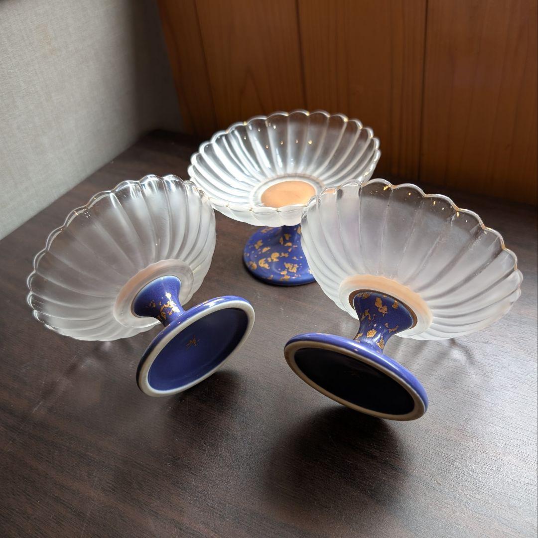 【希少】金彩が美しいハイブリッド高台皿 3脚セット ふぐ刺し　ガラス陶器 料亭