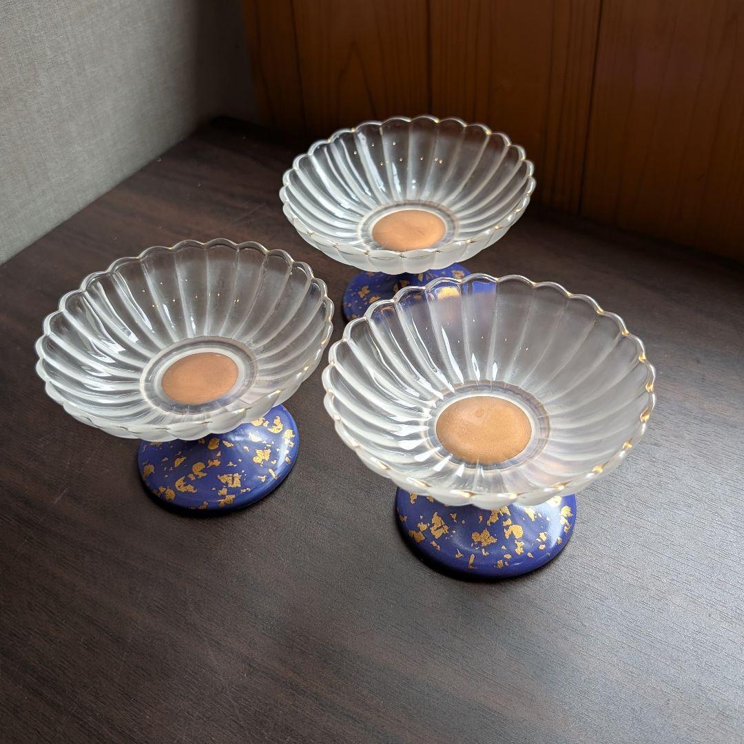 【希少】金彩が美しいハイブリッド高台皿 3脚セット ふぐ刺し　ガラス陶器 料亭