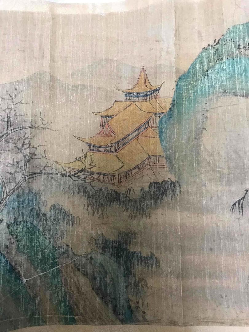 愛新覺羅永溶 作 【茅亭綠陰】 青綠山水畫卷 肉筆真作(S-3)