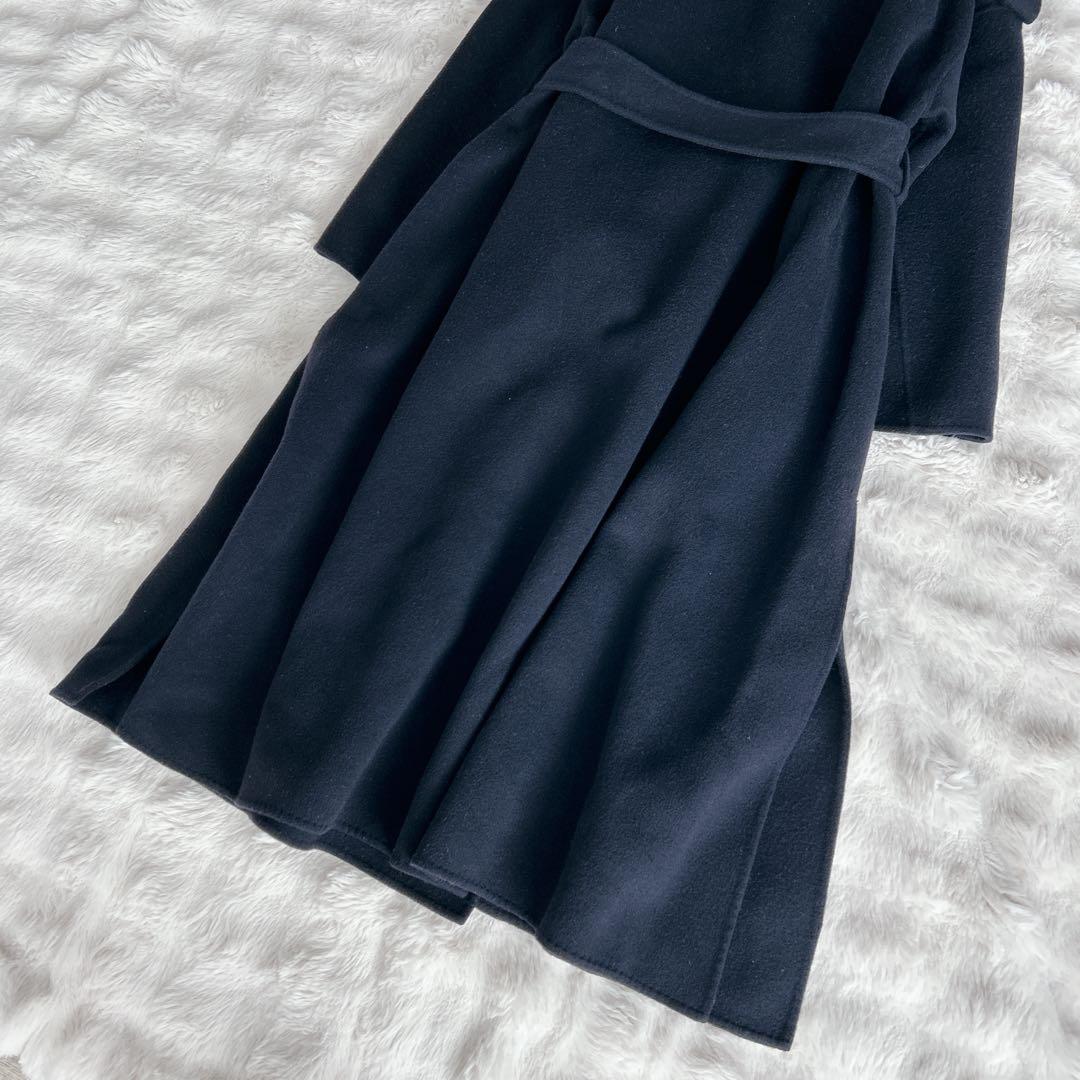 エブール★カシミヤ　ノーカラー　リバーコート　ガウンコート　ロング　ネイビー