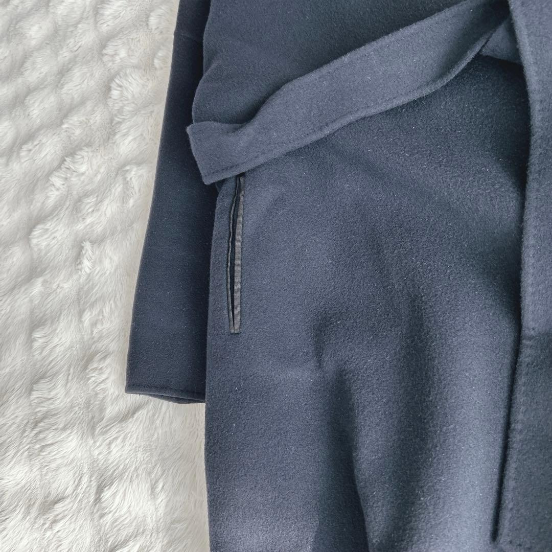 エブール★カシミヤ　ノーカラー　リバーコート　ガウンコート　ロング　ネイビー