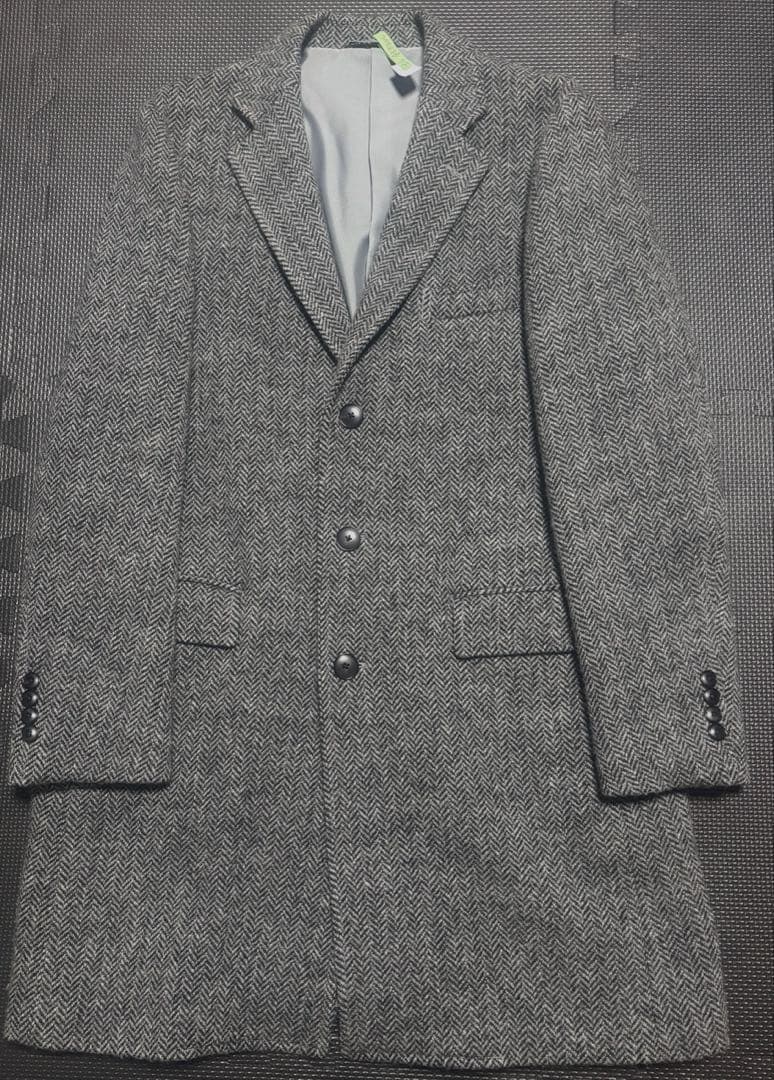 美品！　シェットランドウール100％チェスターコート　ヘリンボーン　グレー　XL