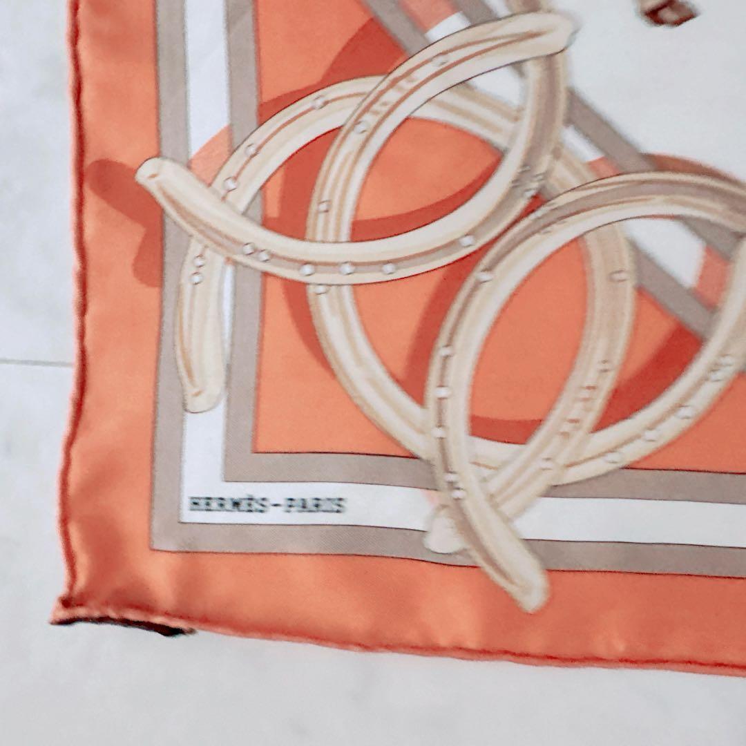 極美品　HERMES エルメス カレ90 馬柄 シルク100 スカーフ　オレンジ