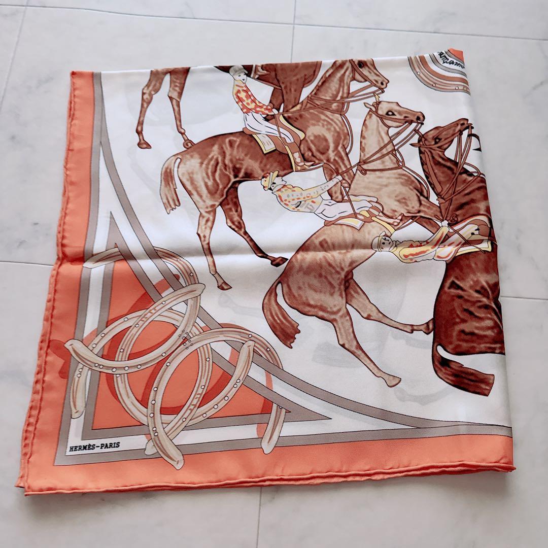 極美品　HERMES エルメス カレ90 馬柄 シルク100 スカーフ　オレンジ