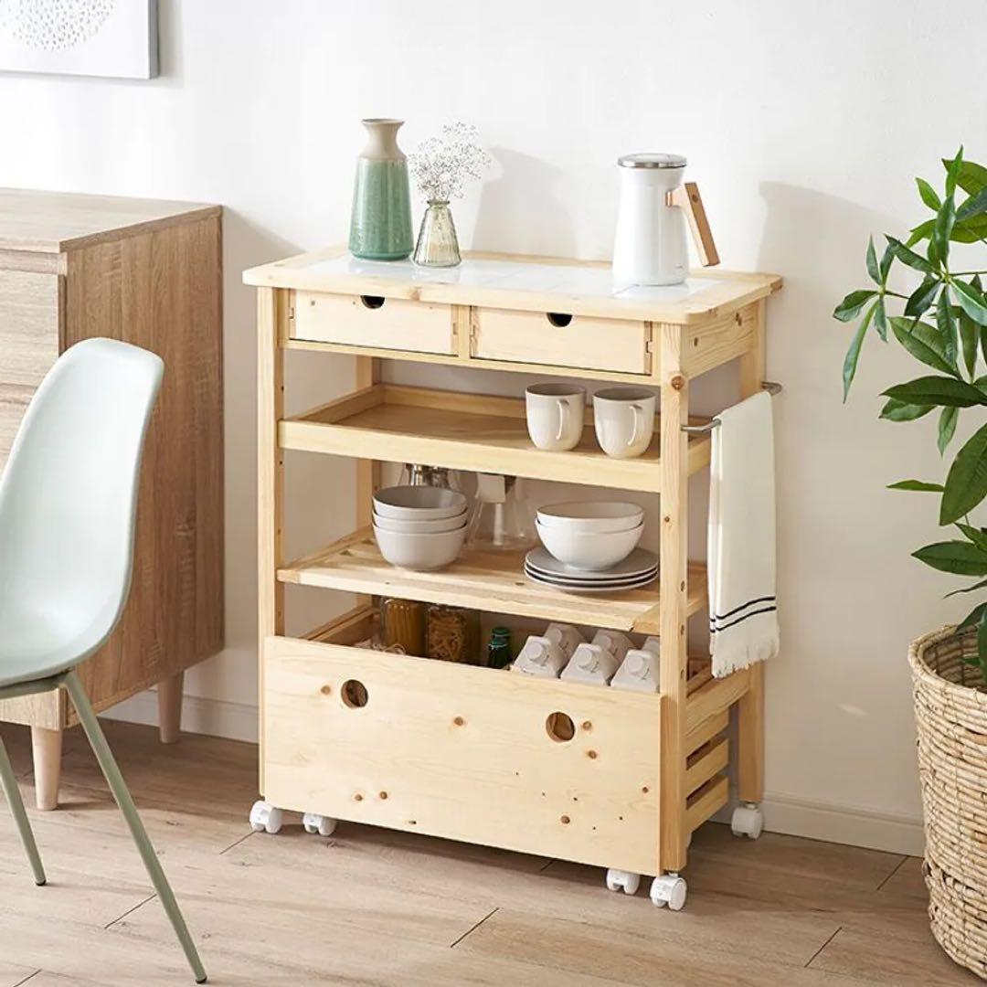 【LOWYA/ロウヤ】キッチンワゴン タオルハンガー付き 天然木使用