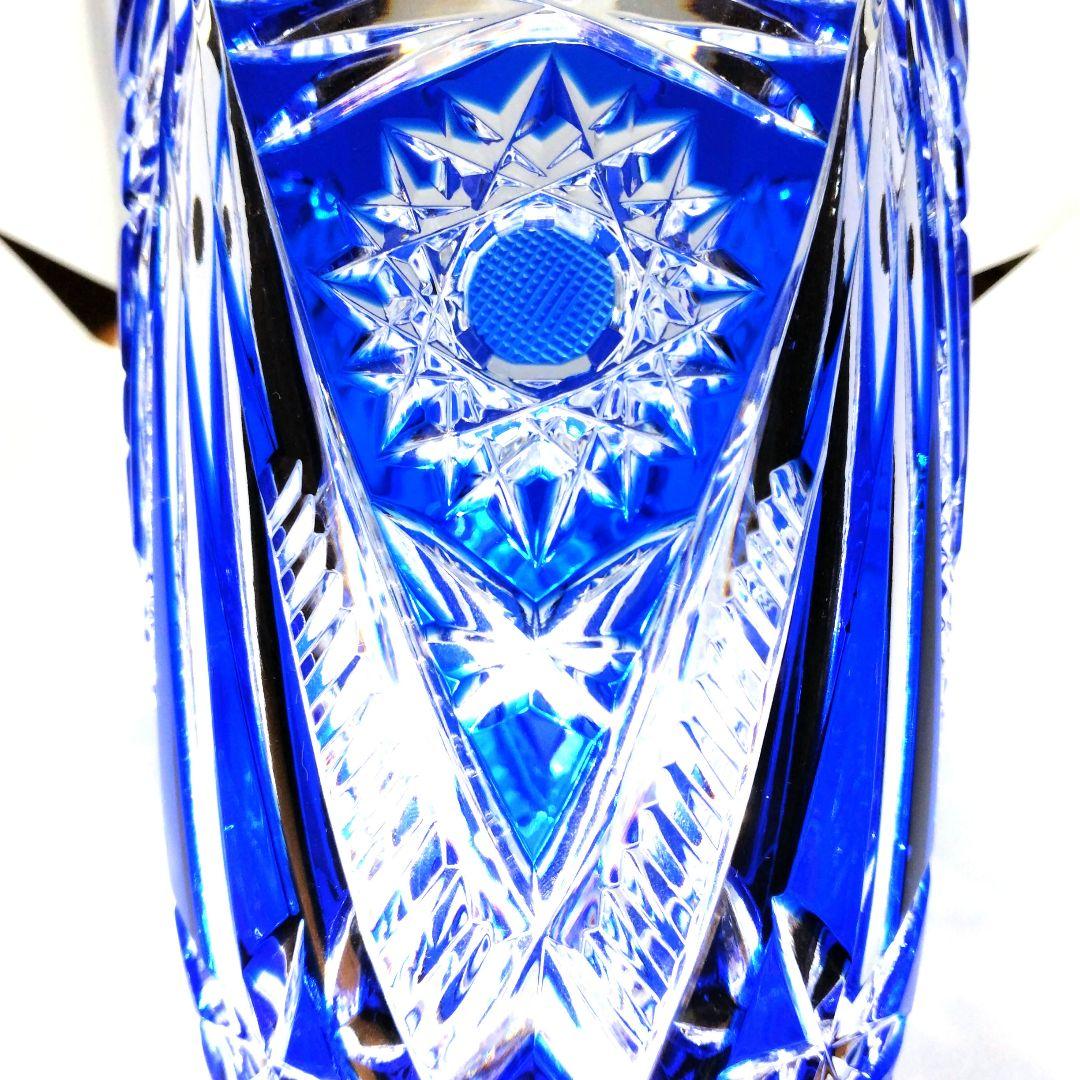 新品イタリア製江戸切子風青色被せガラスクリスタル花瓶花器フラワーベース薩摩切子