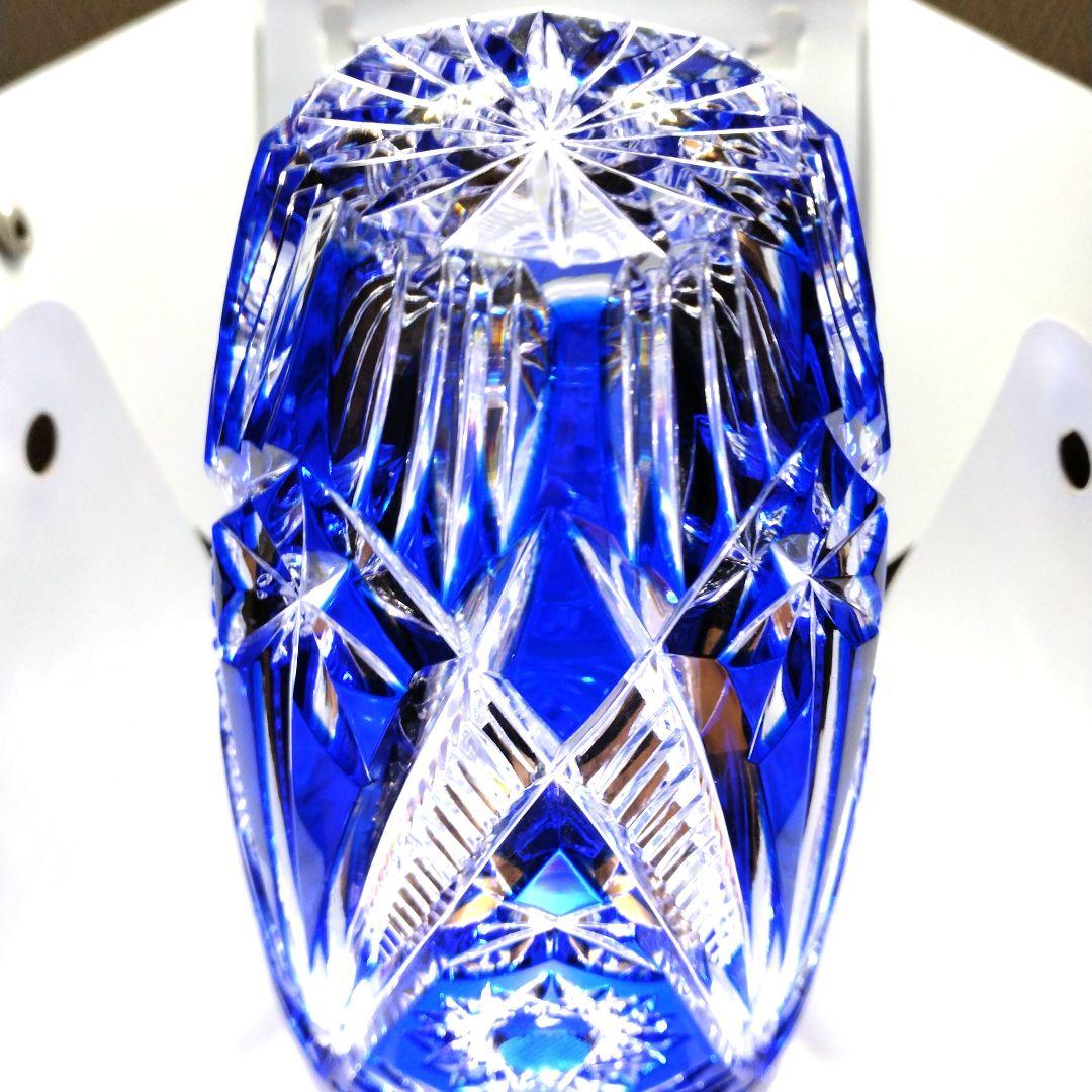 新品イタリア製江戸切子風青色被せガラスクリスタル花瓶花器フラワーベース薩摩切子