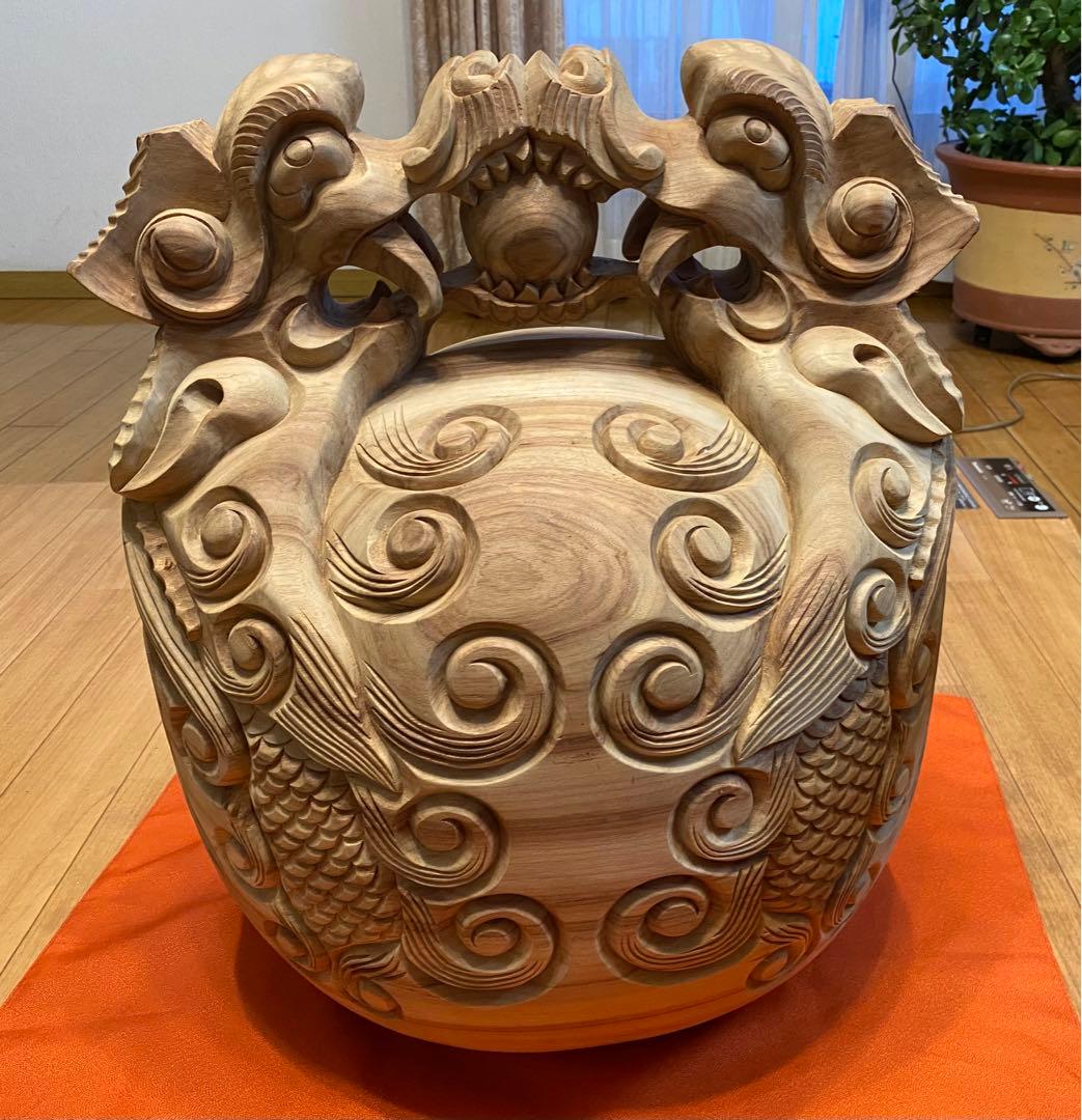 繊細彫刻。双龍。木魚工房一級在庫品寺院仏教なり物楠木木魚、超安売りセール