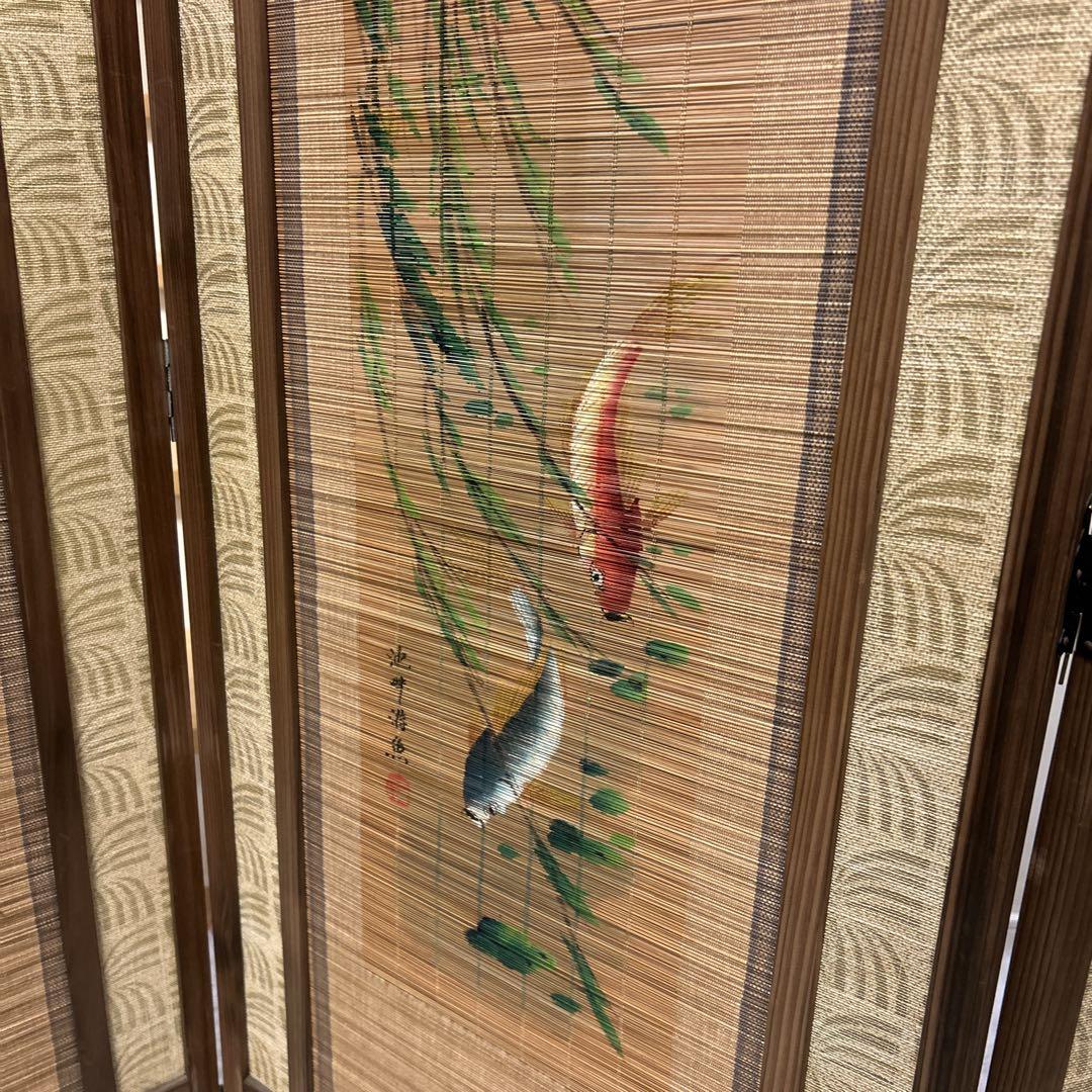 衝立 和風 屏風 和室 パーテーション 4連 間仕切り家具 木製 竹 昭和