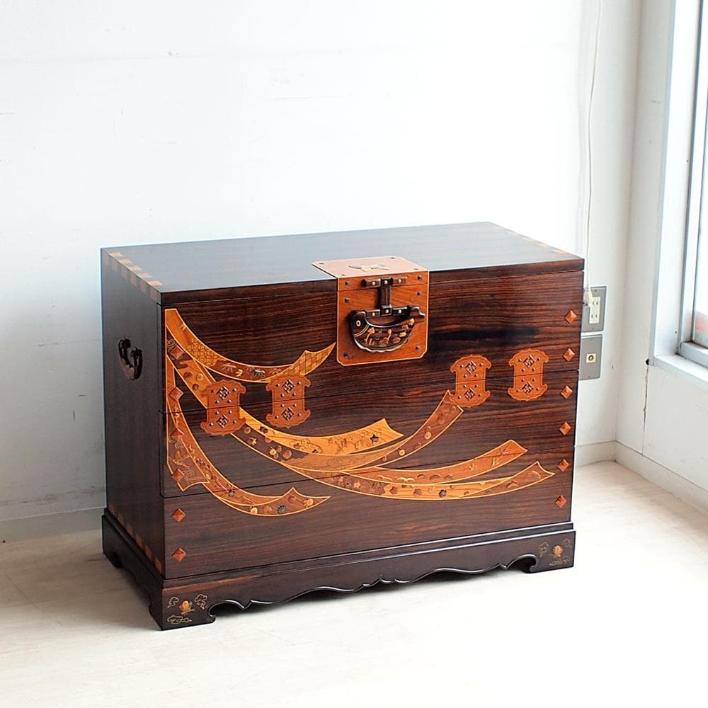 木象嵌 唐木無垢材 3段チェスト 鍵無 寄木 ZR24121